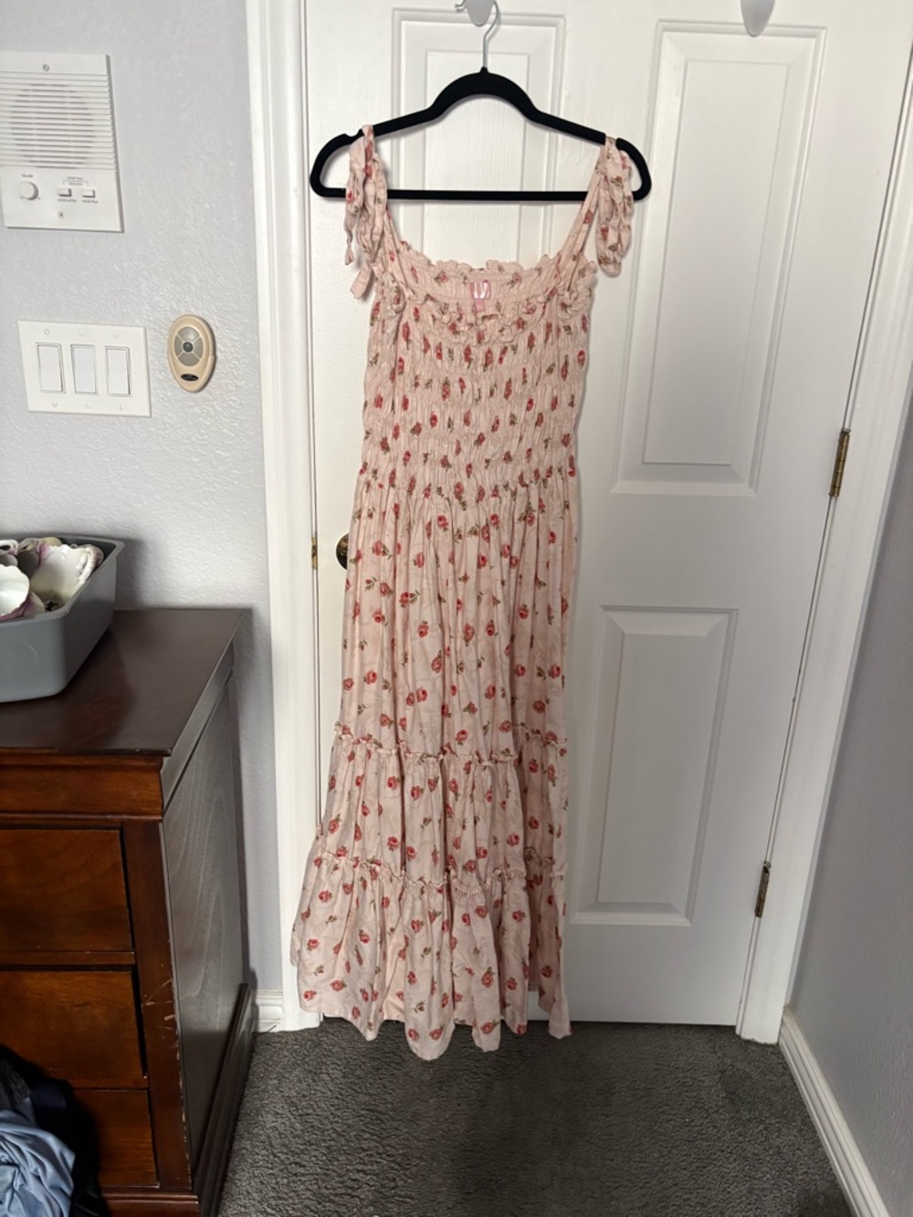 Smocked Tiered Floral Maxi Dress in Blush Pink